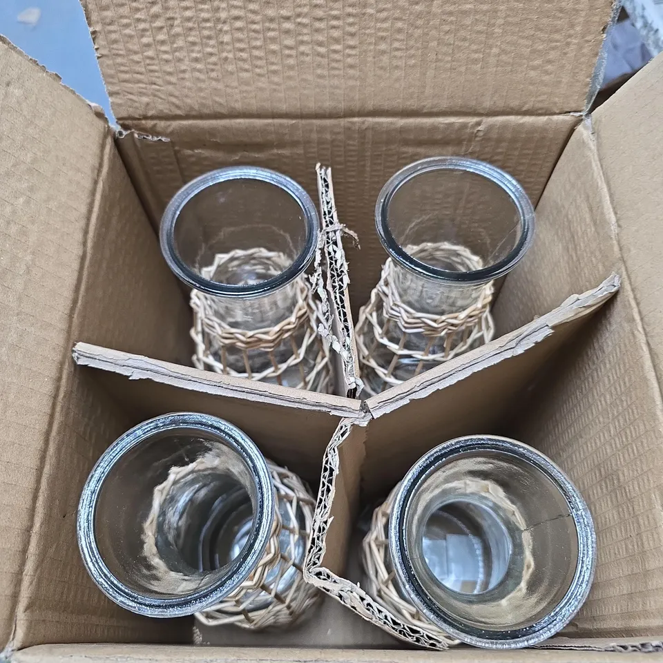 LOT OF 4 GISELA GRAHAM GLASS WINE CARAFES WITH RATTAN STYLE DECOR