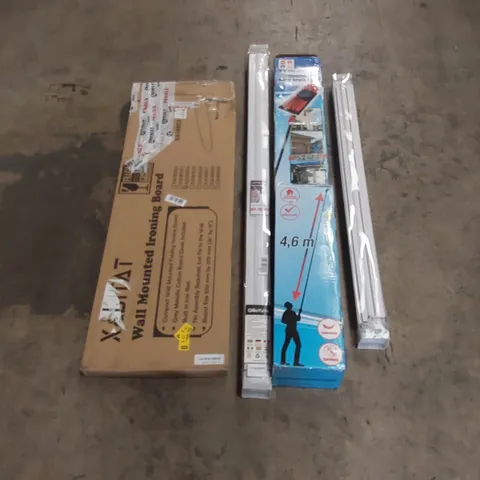 PALLET OF ASSORTED HOUSEHOLD GOODS AND PRODUCTS TO INCLUDE; BLINDS, WALL MOUNTED IRONING BOARD, EXTENDABLE WATER BRUSH, BOXED FURNITURE ETC