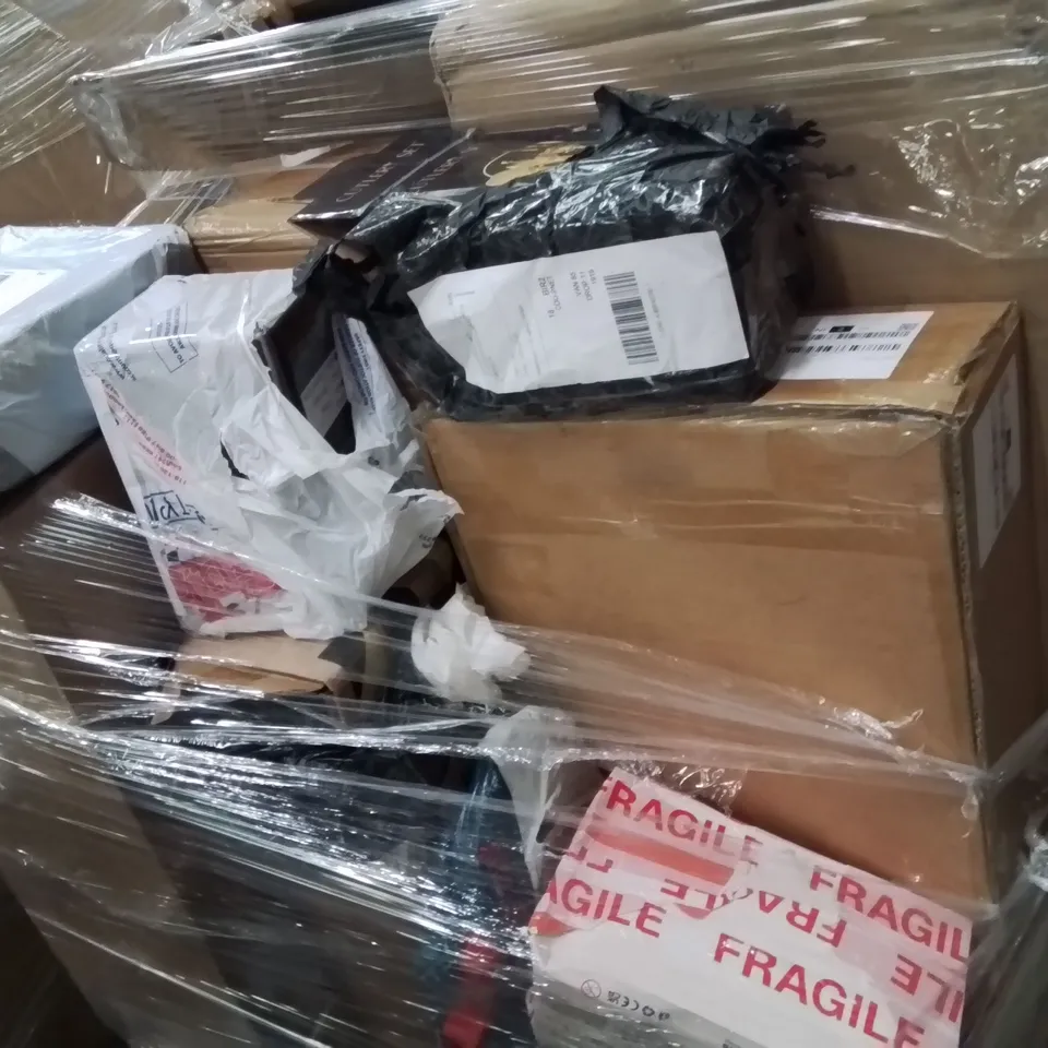 PALLET CONTAINING VARIOUS ASSORTED ITEMS TO INCLUDE, CUTLERY SETS, ELECTRIC GRIDDLE,  SERVING TRAYS, FURNITURE AND LOTS MORE UNMARKED BOXED ITEMS 