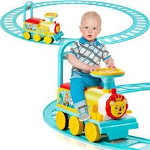 BOXED COSTWAY KIDS ELECTRIC RIDE ON TRAIN WITH TRACKS, STORAGE SEAT, FLASHING LIGHTS & MUSIC, 6V BATTERY POWERED RIDE ON TOY