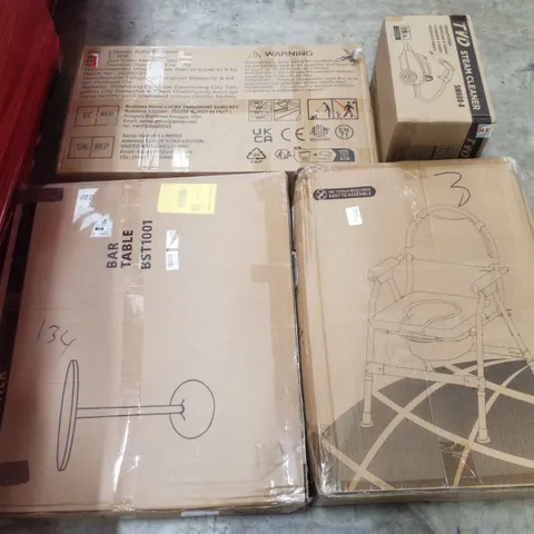 PALLET CONTAINING ASSORTED PRODUCTS INCLUDING BAR TABLE, FOLDING COMMODE CHAIR, STEAM CLEANER & BABY BASSINET
