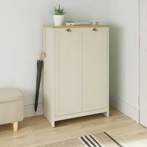 BOXED GFW LANCASTER 2 DOOR CREAM AND OAK TALL SHOE CABINET (2 BOXES)