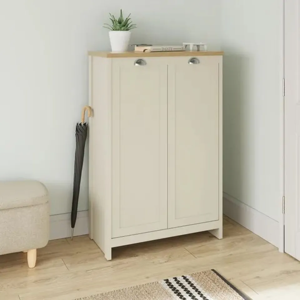 BOXED GFW LANCASTER 2 DOOR CREAM AND OAK TALL SHOE CABINET (2 BOXES)