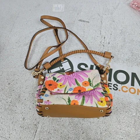 AIMEE KESTENBERG FLORAL PRINT CROSSBODY BAG WITH TAN LEATHER TRIM 