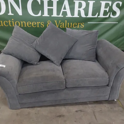 DESIGNER TWO SEATER SOFA WITH SCATTER CUSHIONS PLUSH GREY FABRIC