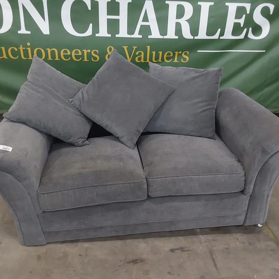 DESIGNER TWO SEATER SOFA WITH SCATTER CUSHIONS PLUSH GREY FABRIC 