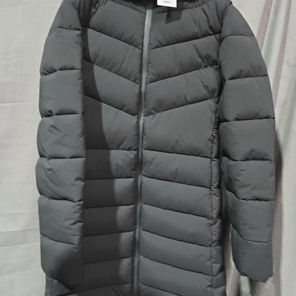 MNG WOMEN'S HOOD MIDI QUILTED ANORAK COAT IN BLACK SIZE SMALL