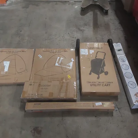 PALLET OF ASSORTED ITEMS INCLUDING: UTILITY CART, POP-UP BEACH TENTS, SCOOTER, RETRACTABLE SAFETY GATE, PVC CHAIR MAT ECT