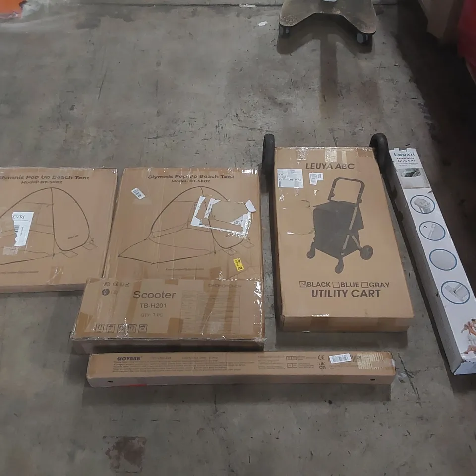 PALLET OF ASSORTED ITEMS INCLUDING: UTILITY CART, POP-UP BEACH TENTS, SCOOTER, RETRACTABLE SAFETY GATE, PVC CHAIR MAT ECT