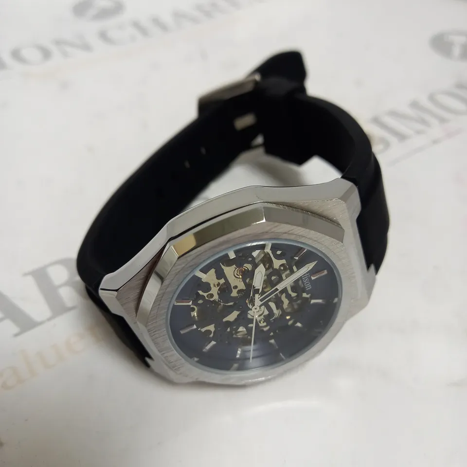 MENS EDISON AUTOMATIC WATCH – SKELETON DIAL – GLASS BACK CASE – RUBBER STRAP