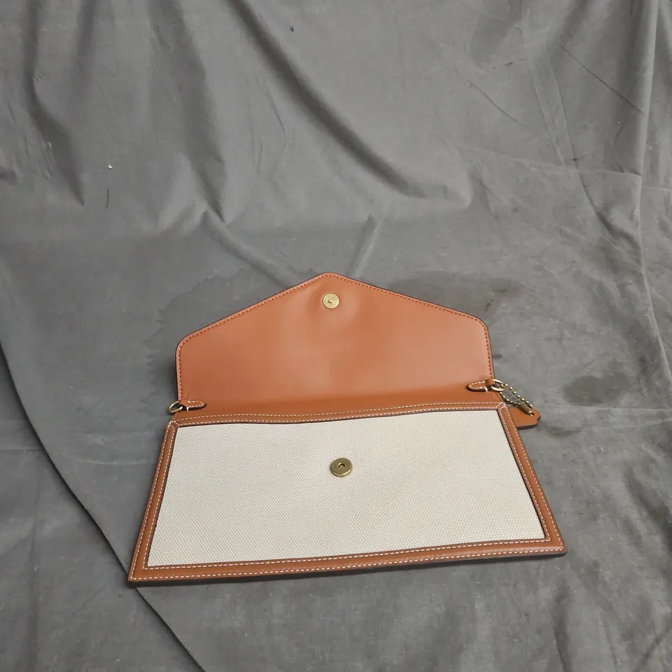 CLUTCH PURSE WITH TAN LEATHER TRIM AND BEIGE CANVAS BODY – CHAIN STRAP