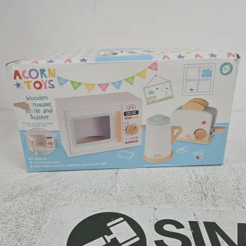 ACORN TOYS WOODEN KITCHEN 3-PIECE SET – MICROWAVE, TOASTER & KETTLE – BOXED