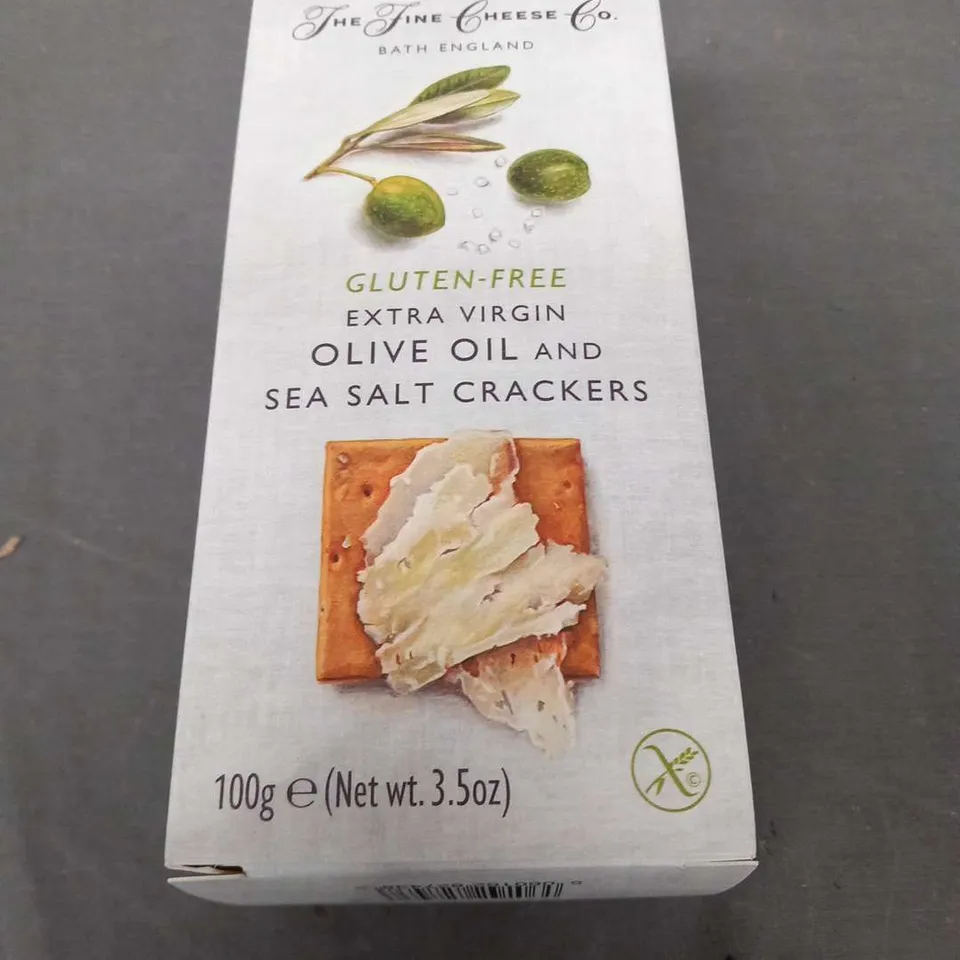 SIX 100G THE FINE CHEESE CO GLUTEN FREE EXTRA VIRGIN OLIVE OIL AND SEAS SALT CRACKERS