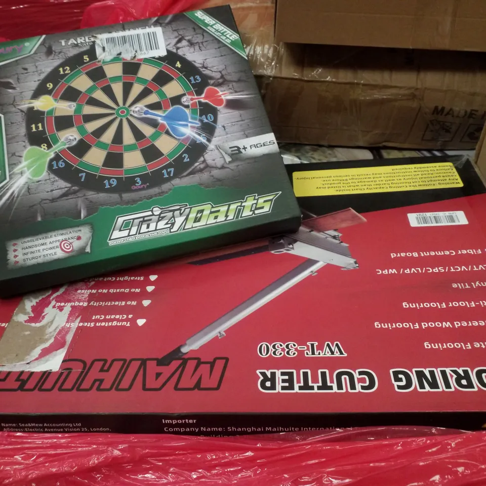 PALLET CONTAINING ASSORTED PRODUCTS INCLUDING BABY WALKER, DECORATIVE WALL CLOCK, CAR SEAT, FLOORING CUTTER & CRAZYDARTS DART BOARD