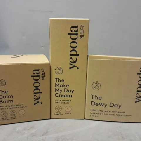 3 BOXED YEPODA PRODUCTS TO INCLUDE THE CALM BALM, MAKE MY DAY CREAM, DEWY DAY CUSHION FOUNDATION 