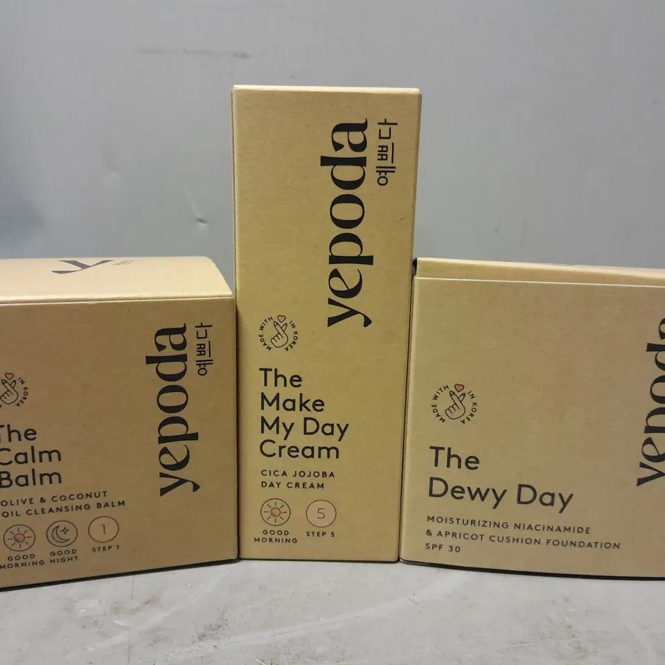 3 BOXED YEPODA PRODUCTS TO INCLUDE THE CALM BALM, MAKE MY DAY CREAM, DEWY DAY CUSHION FOUNDATION 