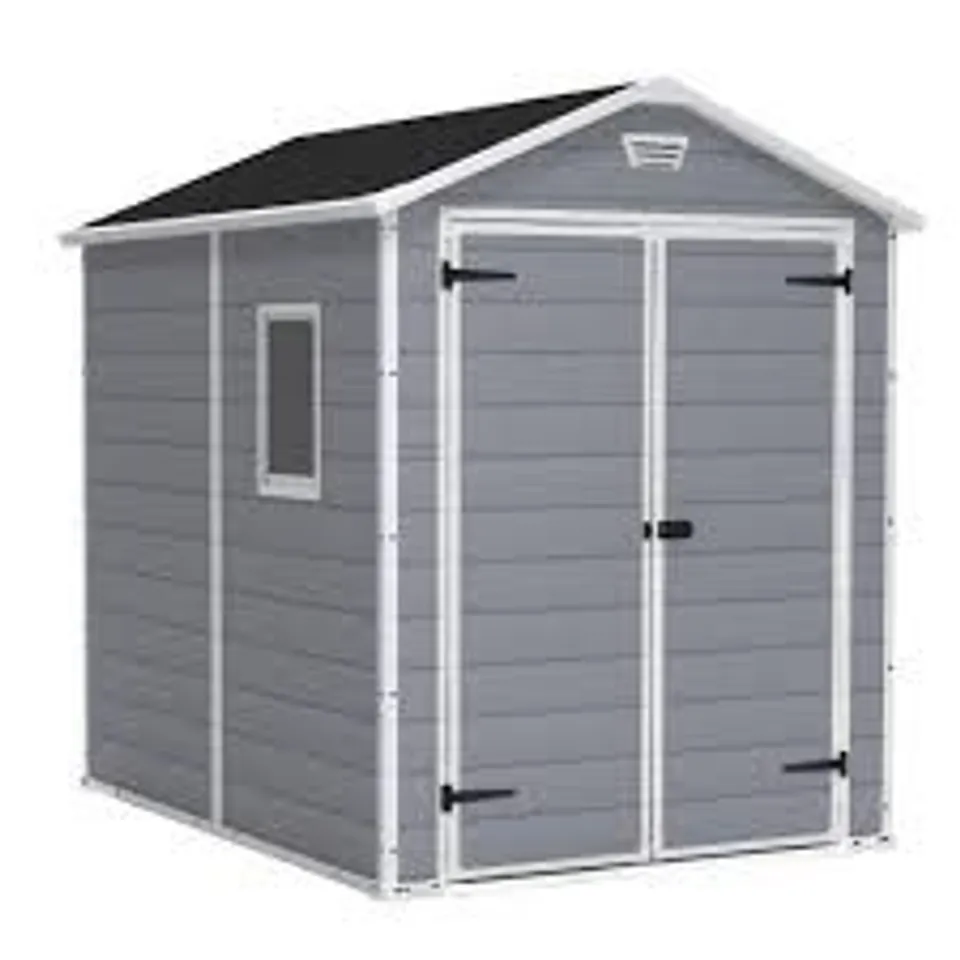 BOXED KETER MANOR 6X8 GARDEN STORAGE SHED - GREY (1 BOX)