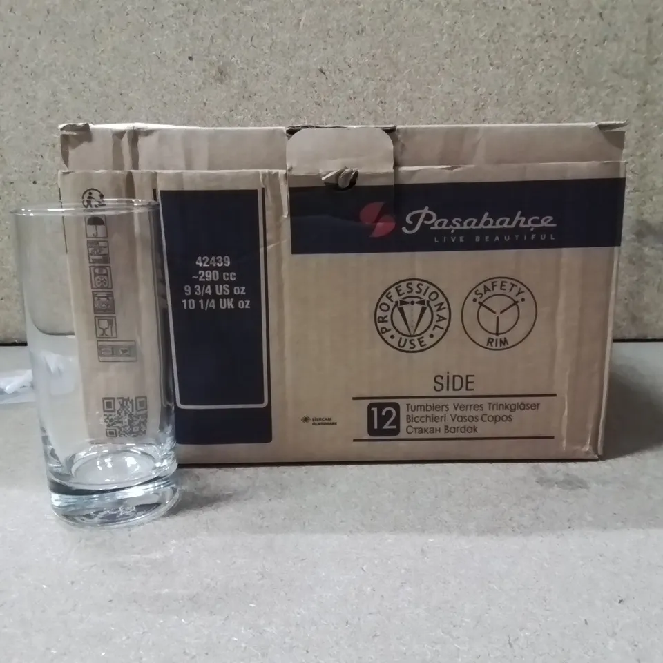 BOXED PASABAHCE HI BALL GLASSES APPROXIMATELY 12