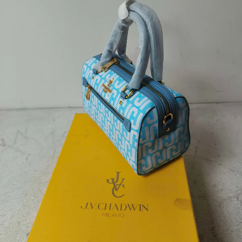 J.V. CHADWIN MILANO HANDBAG – BLUE MONOGRAM PATTERN WITH GOLD HARDWARE
