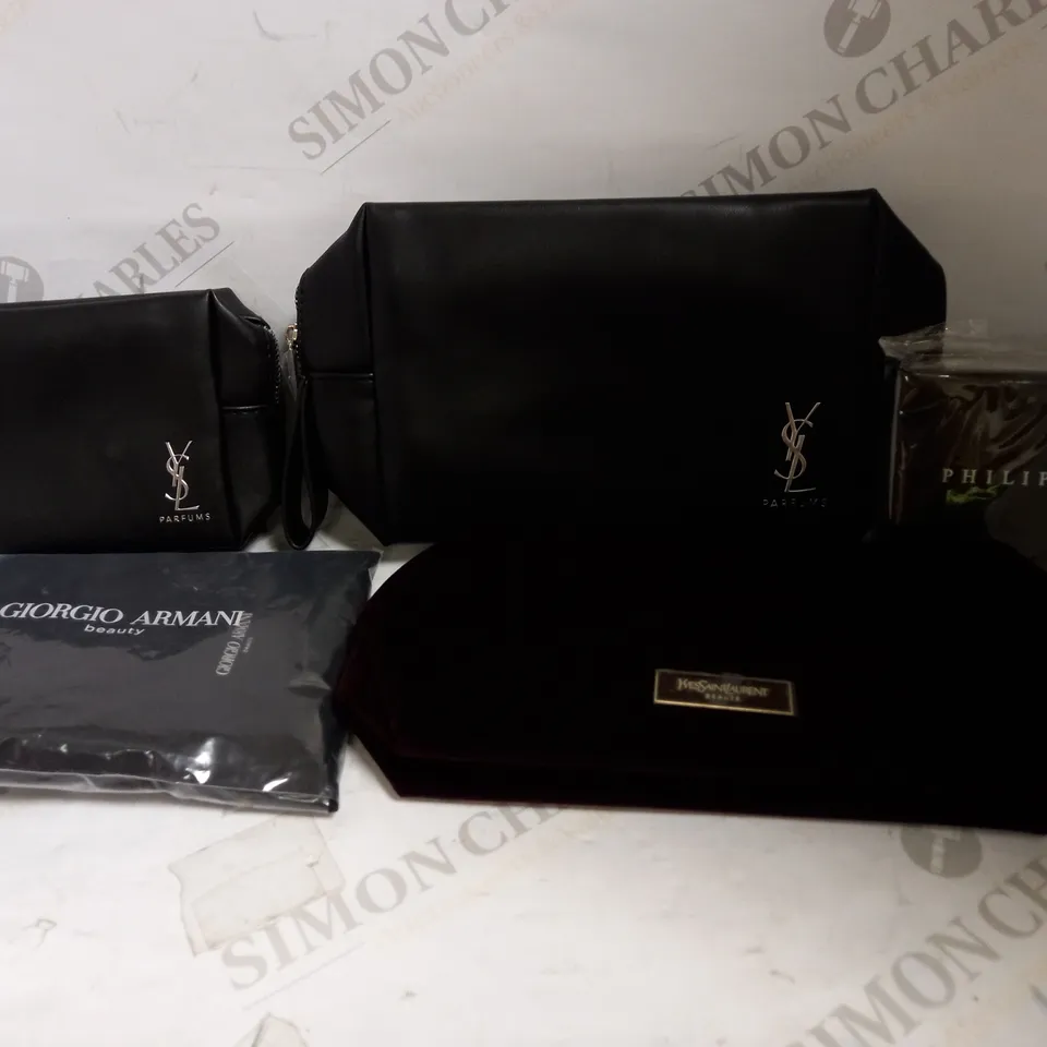 LOT OF 5 ASSORTED SPONGE/CLUTCH BAGS TO INCLUDE YSL, PIHLIPP PLEIN, GIORGIO ARMANI 