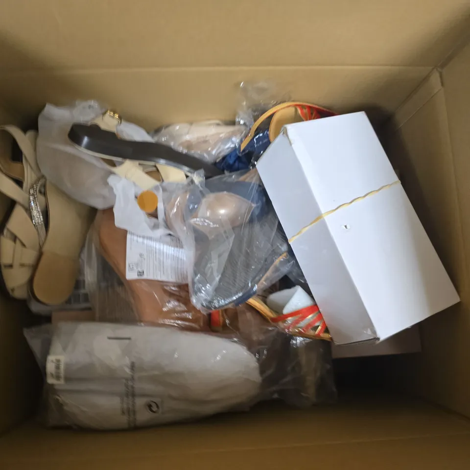 BOX OF APPROXIMATELY 12 PAIRS OF ASSORTED SHOES IN VARIOUS COLOUR, STYLES AND SIZES