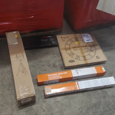PALLET OF ASSORTED ITEMS TO INCLUDE: REDTHUNDER KEYBOARD, DECORATIVE WALL CLOCK TV MOUNT, RETRACTABLE SAFETY GATES ECT