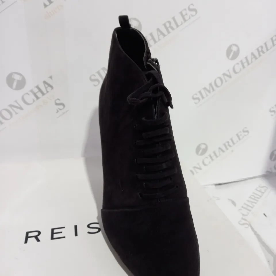BOXED REISS SUEDE CHOCOLATE BOOT HEELS - SIZE 5