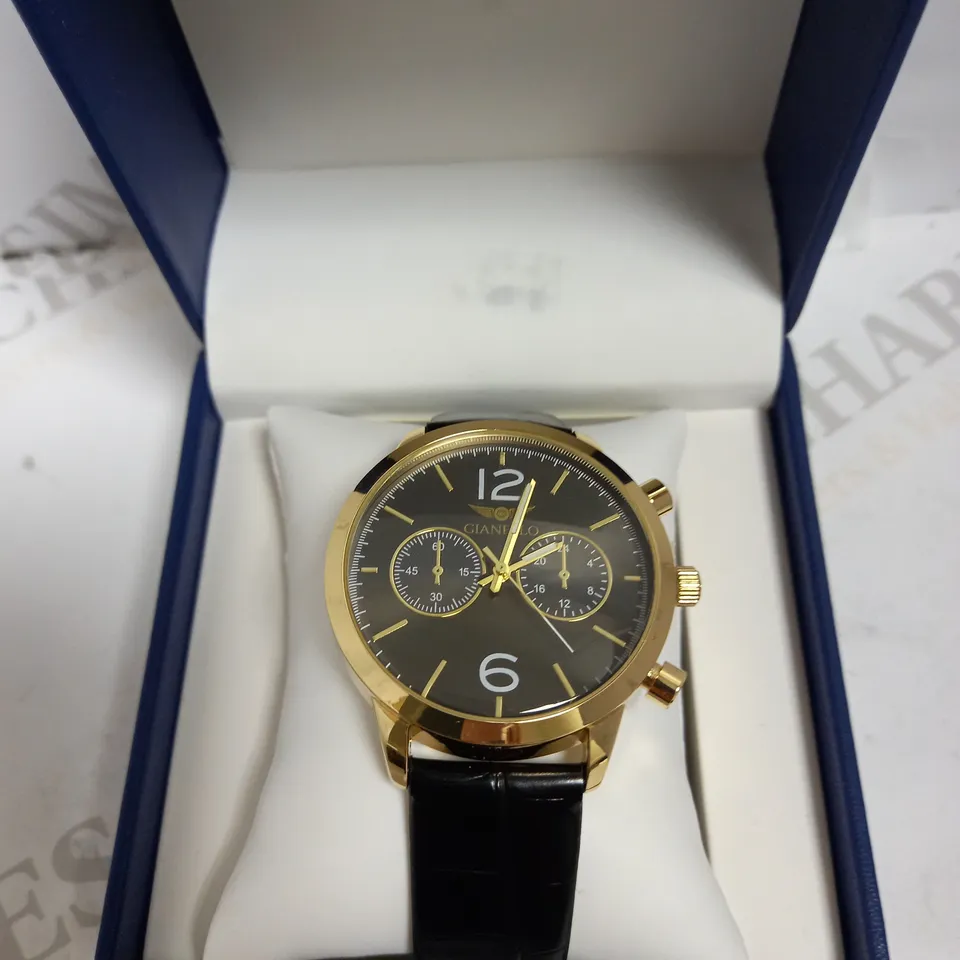 GIANELLO WRIST WATCH WITH GOLD EFFECT FACE AND FAUX LEATHER STRAP