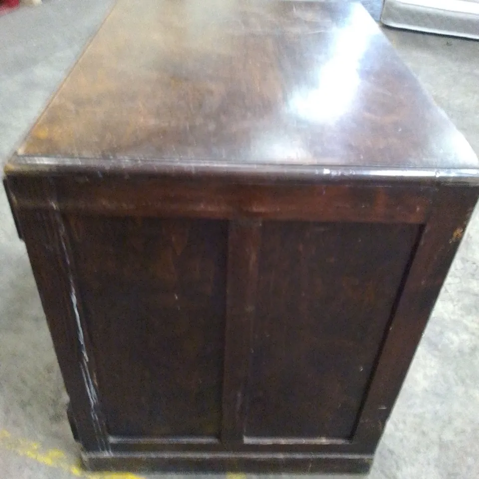 ANTIQUE FIVE DRAWER DARK WOOD CHEST WITH HALF MOON SHELL PULL HANDLES