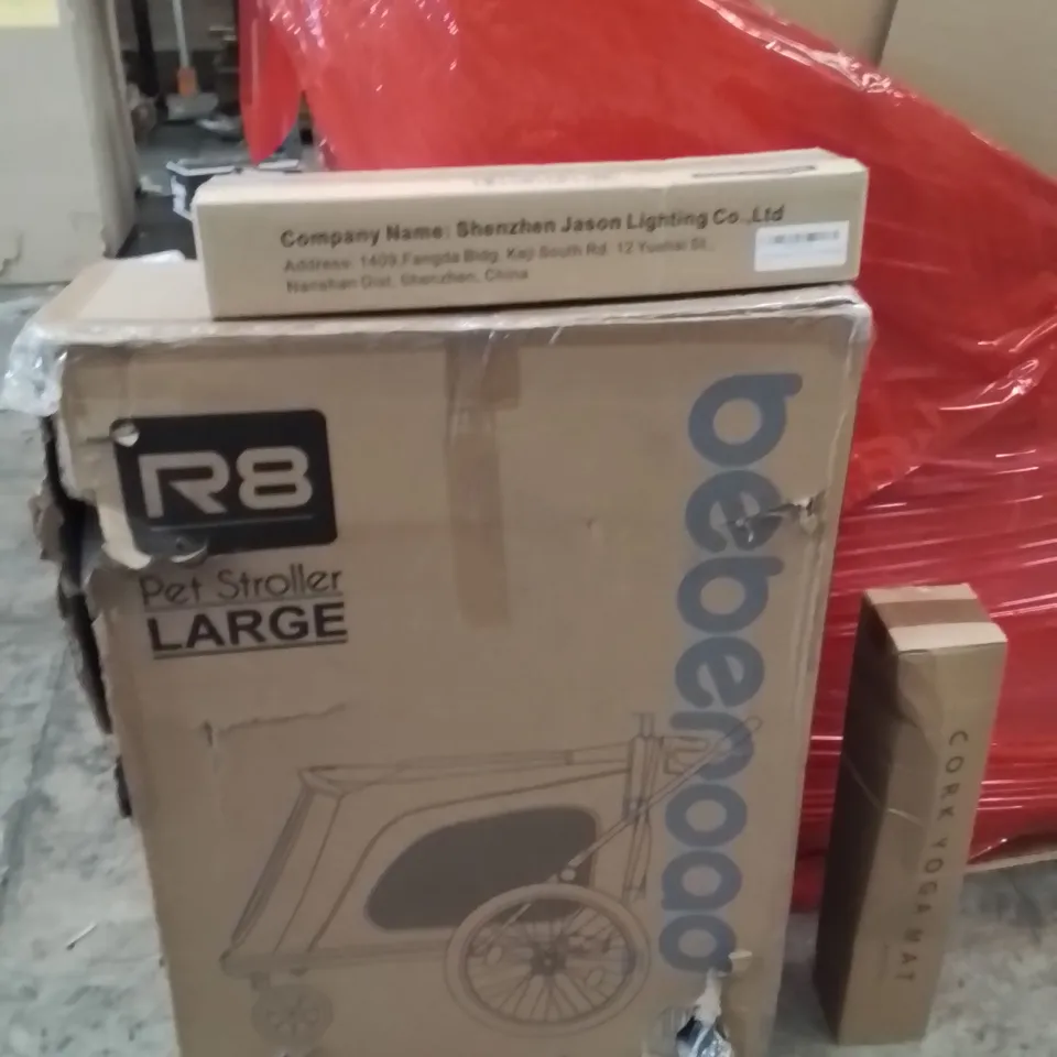 PALLET OF ASSORTED HOUSEHOLD GOODS AND PRODUCTS TO INCLUDE;PET STROLLER LARGE,YOGA MAT,LED MIRROR LIGHT