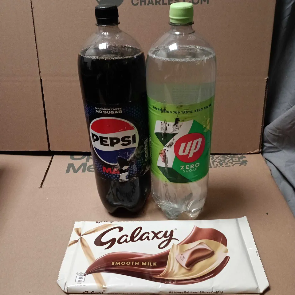 APPROXIMATELY 3 ASSORTED FOOD AND DRINK ITEMS TO INCLUDE PEPSI MAX 2L, GALAXY 360G ETC