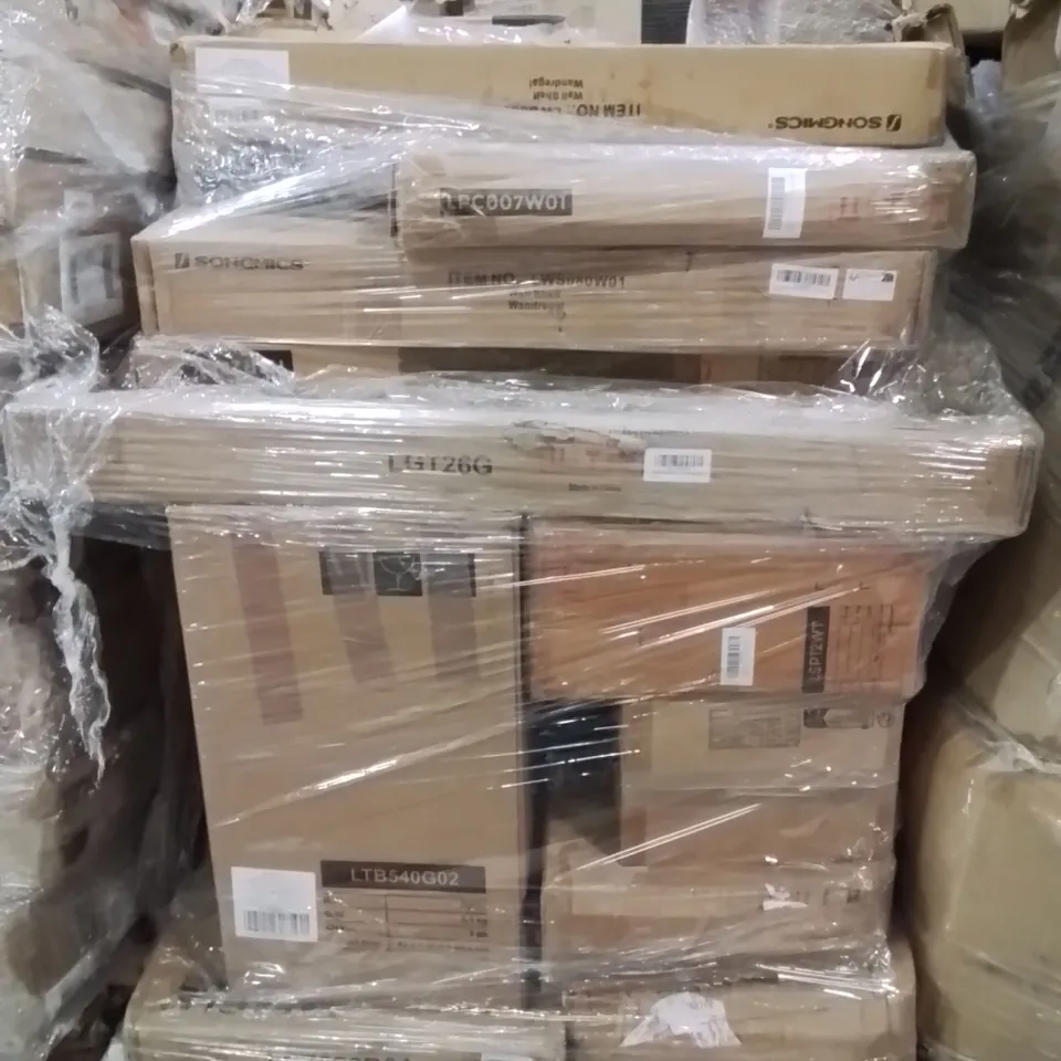 PALLET OF ASSORTED HOUSEHOLD GOODS AND PRODUCTS TO INCLUDE;WALL SHELF,TRASH CAN,PET CAGE 