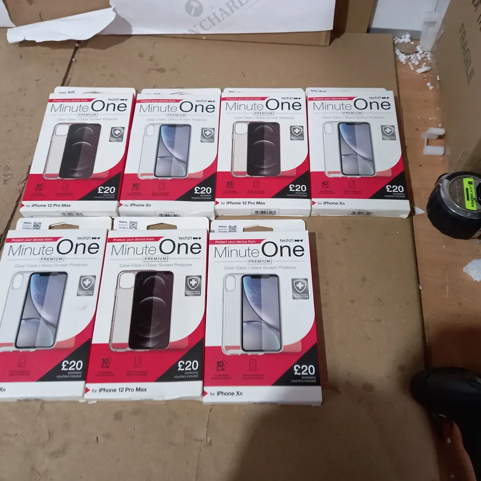 LOT OF 7 TECH 21 MINUTE ONE CLEAR IPHONE XR, IPHONE 12 PRO MAX CASES