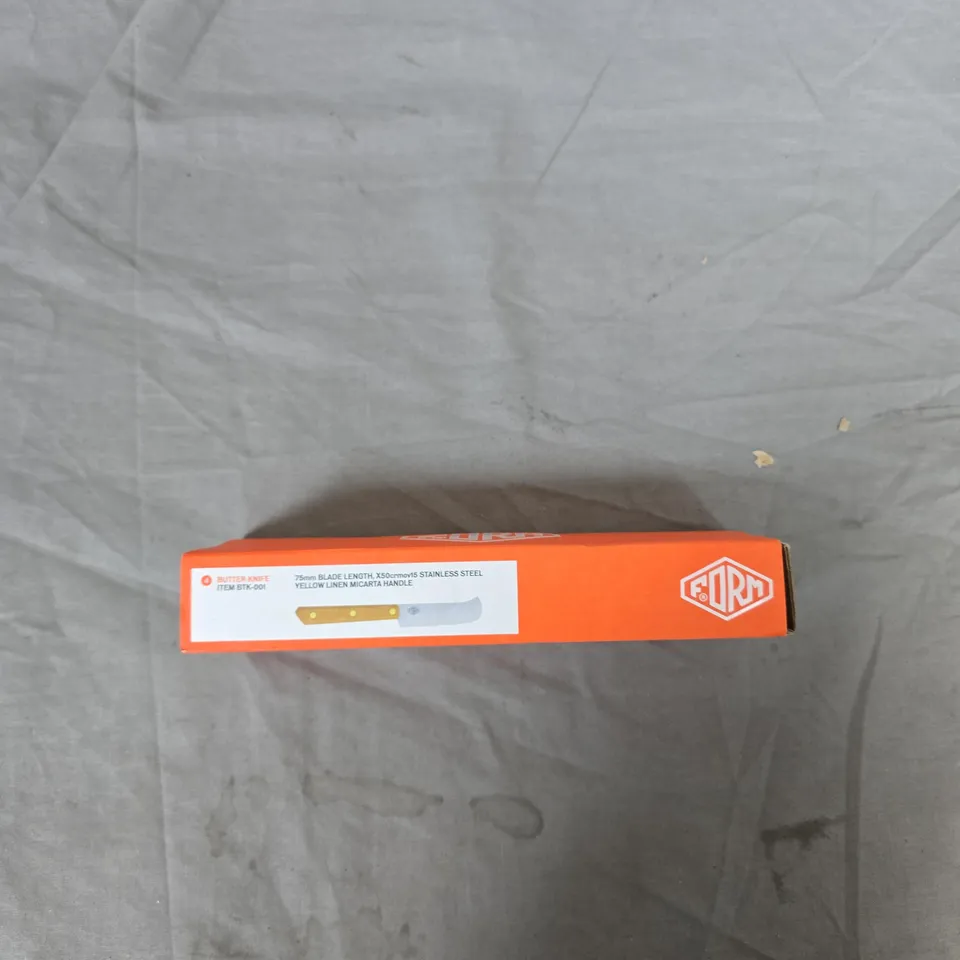 BUTTER KNIFE WITH YELLOW LINEN MICARTA HANDLE – 75MM BLADE, STAINLESS STEEL