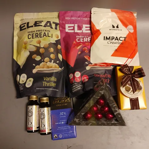 BOX OF APPROX 12 ASSORTED FOOD ITEMS TO INCLUDE - MYPROTEIN IMPACT CREATINE - ELEAT HIGH PROTEIN CEREAL - GOLD COLLAGEN ETC