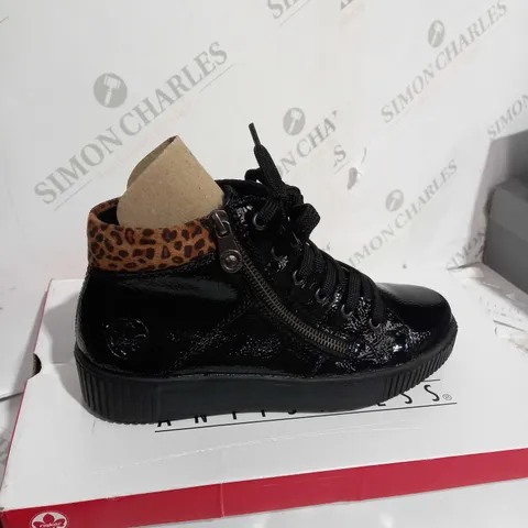 BOXED RIEKER HIGH TOP CUFFED SHOES, LEOPARD/BLACK - SIZE 4