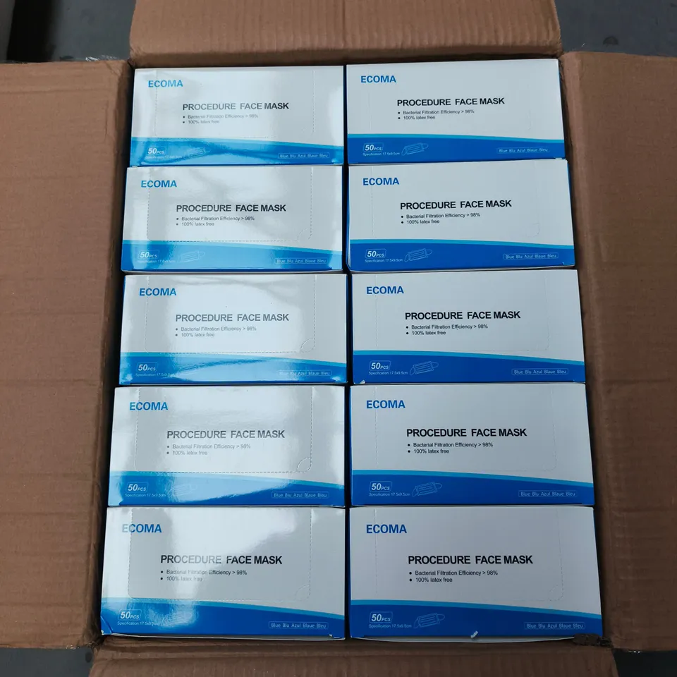 ECOMA PROCEDURE FACE MASKS – BLUE, 50 PCS PER BOX, 50 BOXES PER CARTON