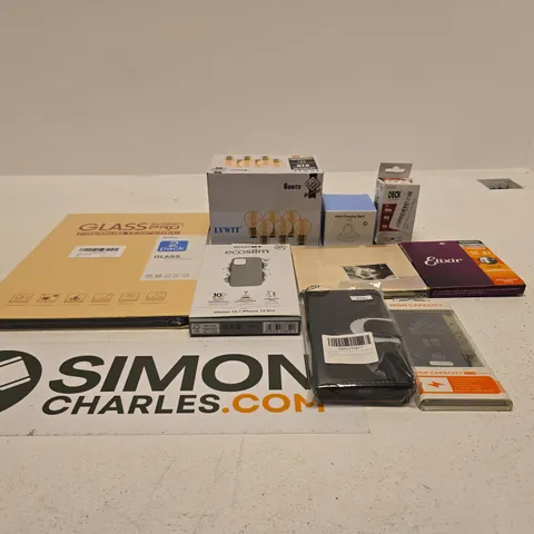 TOTE OF APPROXIMATELY 30 ASSORTED ITEMS TO INCLUDE WATCH CHARGING STAND, BULBS, PHONE CASES ETC