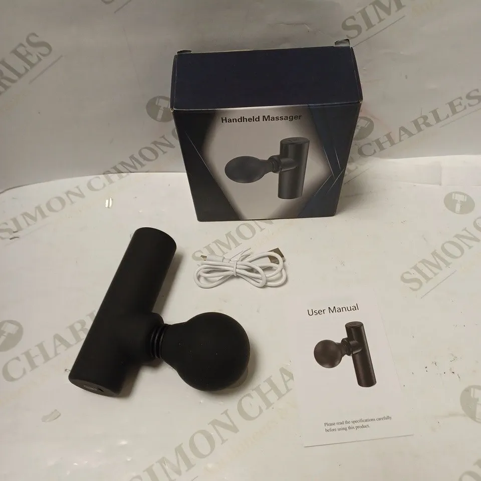 BOXED BATTERY POWERED HANDHELD MASSAGER WITH USB CHARGING CABLE AND INSTRUCTIONS