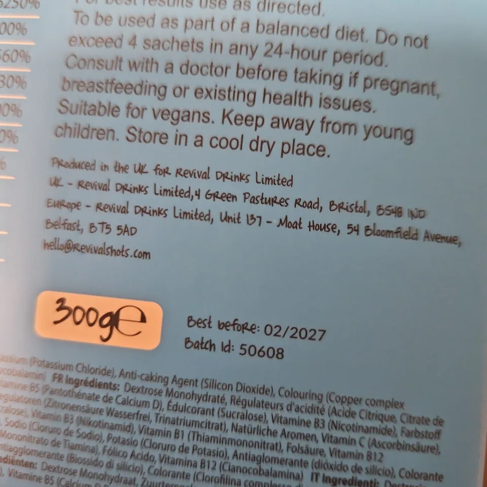 BOXED REVIVAL REHYDRATION & RECOVERY ELECTROLYTE DRINK MIX – 30 STICKS (BEST BEFORE 02/2027)
