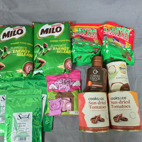 LOT OF 12 ASSORTED FOOD AND DRINK ITEMS TO INCLUDE MILO ENERGY DRINK AND COFFEE CONCENTRATE