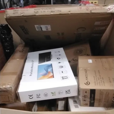 PALLET OF ASSORTED HOUSEHOLD GOODS AND PRODUCTS TO INCLUDE; PORTABLE MONITOR, TABLE, FOOD PROCESSOR, BOXED FURNITURE ETC