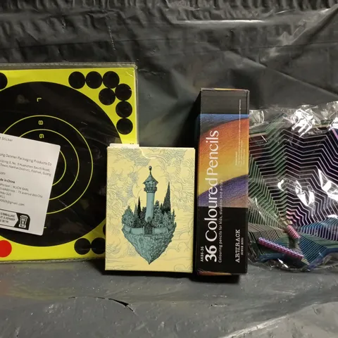 APPROXIMATELY 10 ASSORTED TOYS AND GAMES TO INCLUDE COLOURED PENCILS, THE CLOUD TOWER TAROT, ETC