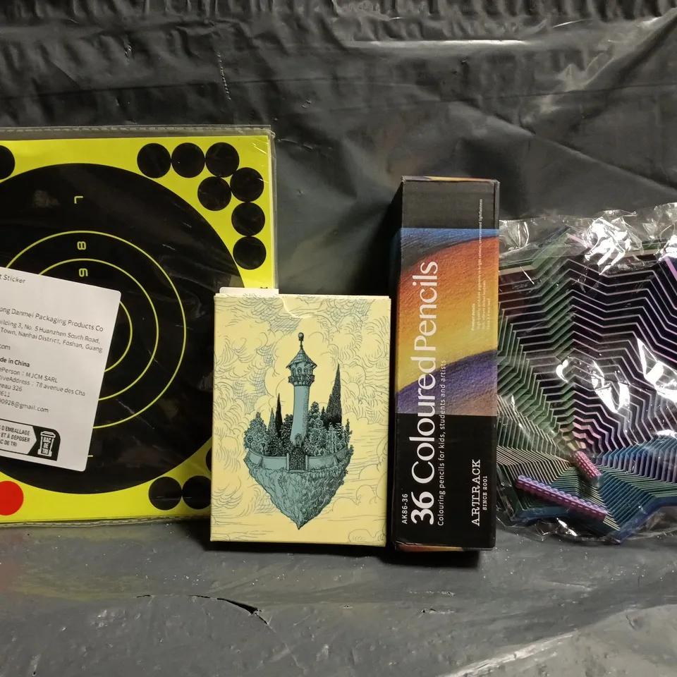 APPROXIMATELY 10 ASSORTED TOYS AND GAMES TO INCLUDE COLOURED PENCILS, THE CLOUD TOWER TAROT, ETC