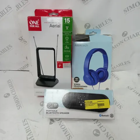 APPROXIMATELY 20 ASSORTED ITEMS TO INCLUDE INDOOR AERIAL, WIRED HEADPHONES, PORTABLE BLUETOOTH SPEAKER ETC.