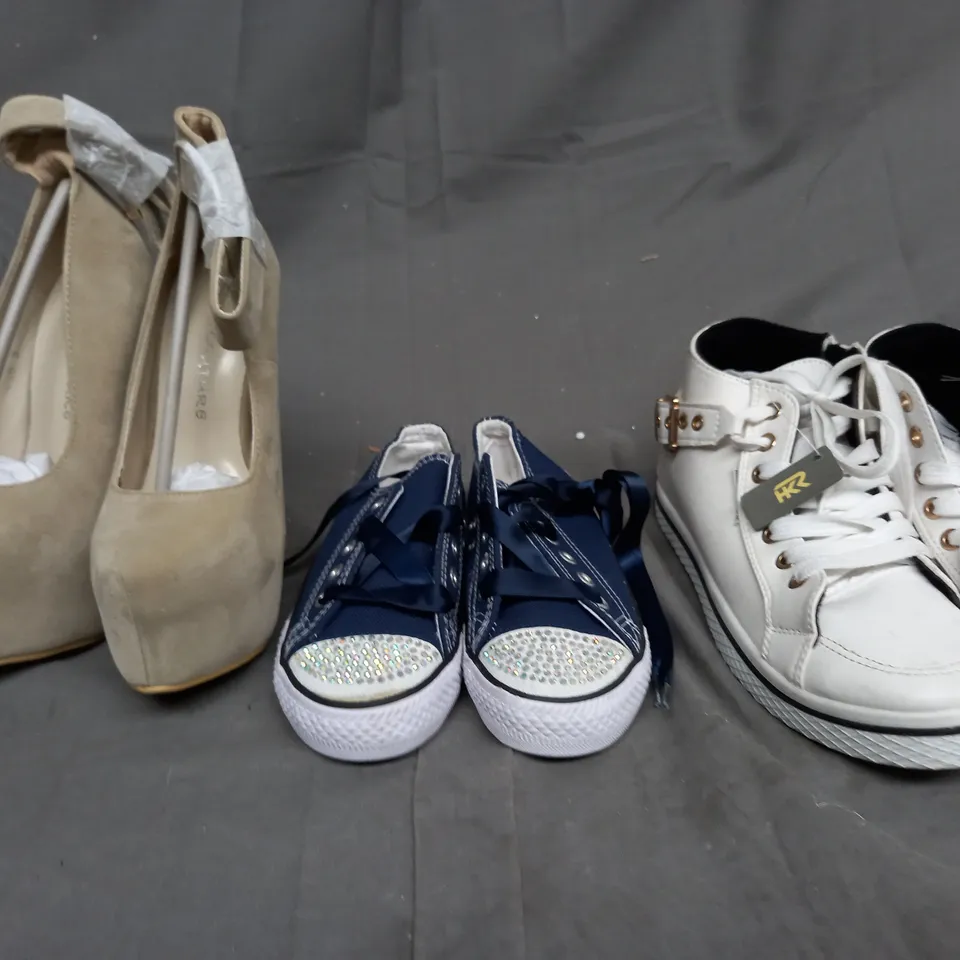 A BOX OF MULTIPLE SHOES. APPROX 15. 3 INCLUDED ARE BROWN HEELS, WHITE HIGH TOPS, AND NAVY SHOES