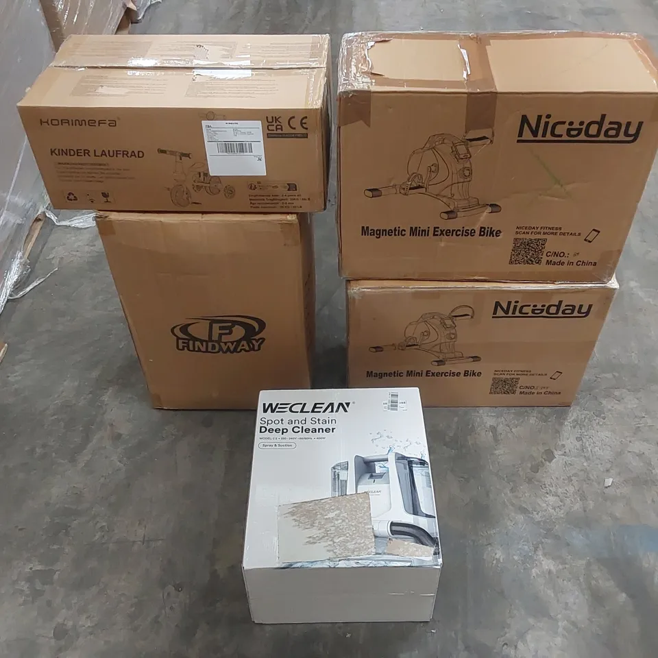 PALLET OF ASSORTED HOUSEHOLD ITEMS AND CONSUMER PRODUCTS TO INCLUDE; NICEDAY MAGNETIC MINI EXERCISE BIKES, TOP GOLF TRAVEL COVER, WE CLEAN SPOT & STAIN DEEP CLEANER ETC  