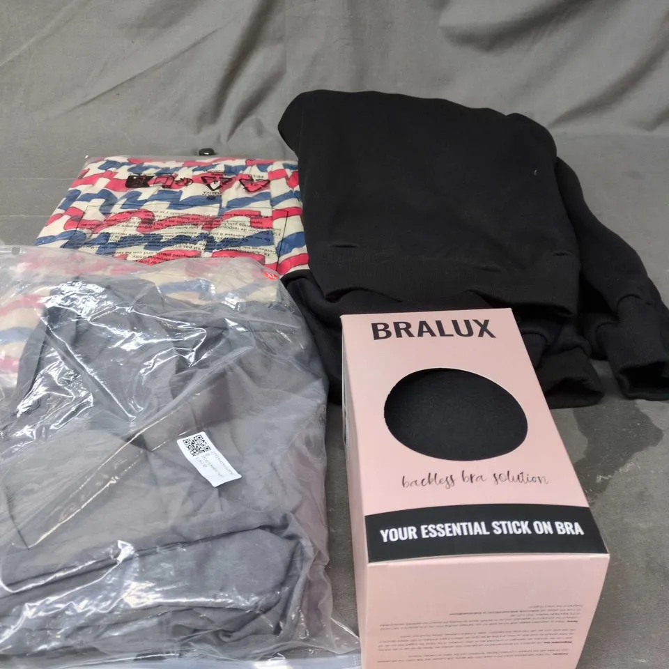 BOX OF APPROXIMATELY 15 ASSORTED CLOTHING ITEMS TO INCLUDE SIZE12 DRESS, GREY JOGGERS, BLACK HOODIE, BRALUX ETC