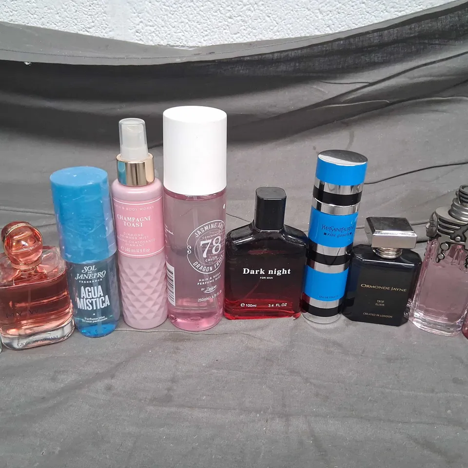 APPROXIMATELY 10 ASSORTED UNBOXED FRAGRANCES TO INCLUDE; GIORGIO ARMANI, SOL DE JANEIRO, ORMONDE JAYNE, PS... AND THE BODY WORKS