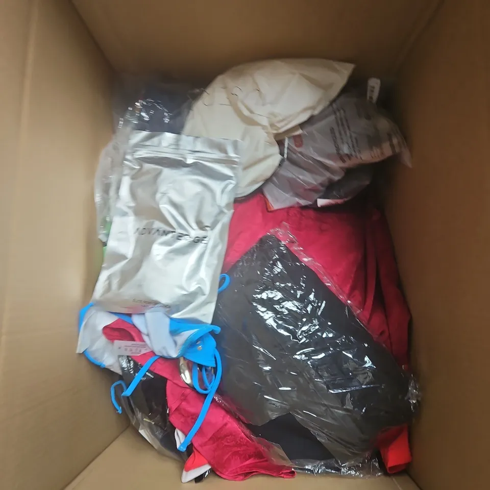 LARGE BOX OF APPROXIMATELY 25 ASSORTED CLOTHING ITEMS IN VARIOUS COLOURS, STYLES AND SIZES - COLLECTION ONLY